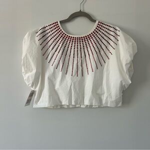 Queen of Sparkles White Puffed Sleeve Red Rhinestone Sunburst Sparkle Top S NWT